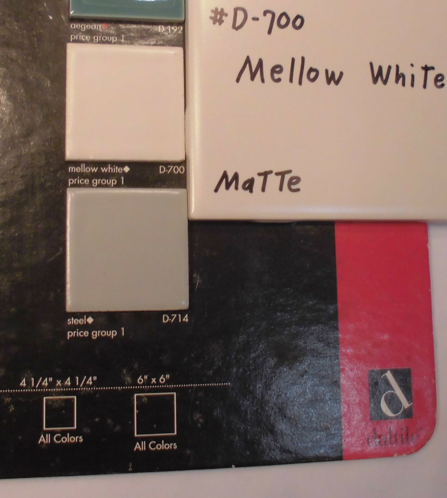 1 pc. Mellow White: Matte Ceramic Tile by Daltile #D-700; 4-1/4″ Discontinued