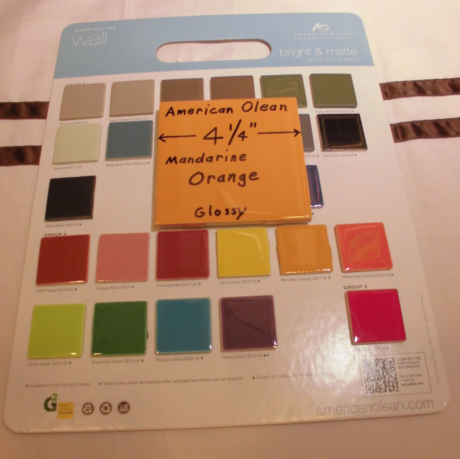1 pc. Glossy Ceramic Tile *Orange* by American Olean 4-1/4″ Brilliant Color, New