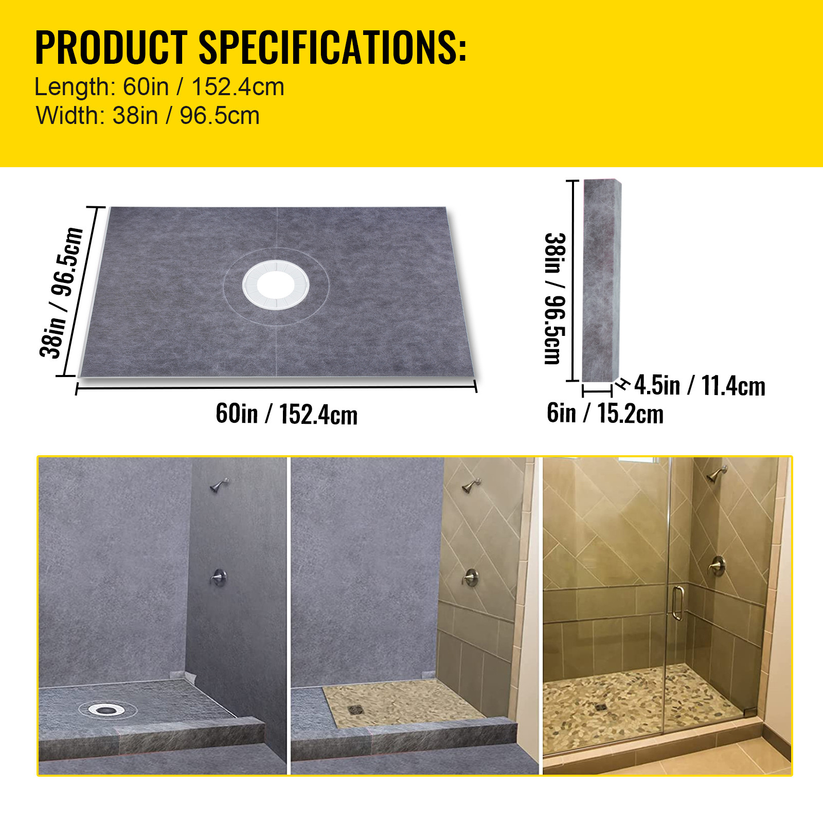 VEVOR Waterproofing Shower Curb Kit Shower Kit Tray 38″x60″ w/Central Drain PVC