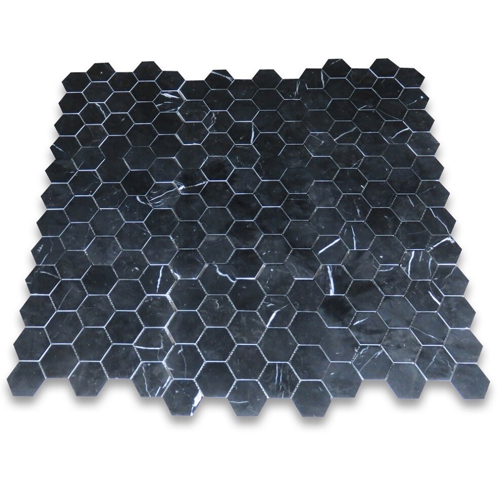 N33XP Nero Marquina Black Marble 3 inch Hexagon Mosaic Tile Polished