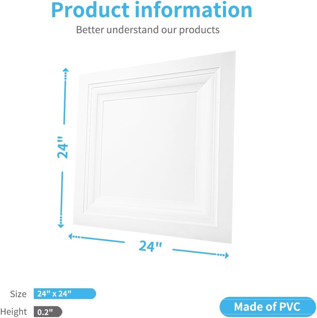 12-Pack 2×2 Ft White PVC Drop Ceiling Tiles for 15/16″ Grid System