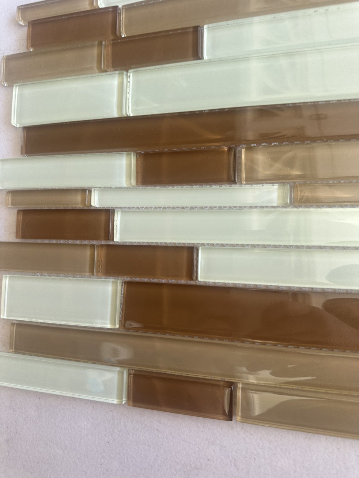 Light Beige Mix Glossy Glass Mosaic Staggered Mesh Mounted
