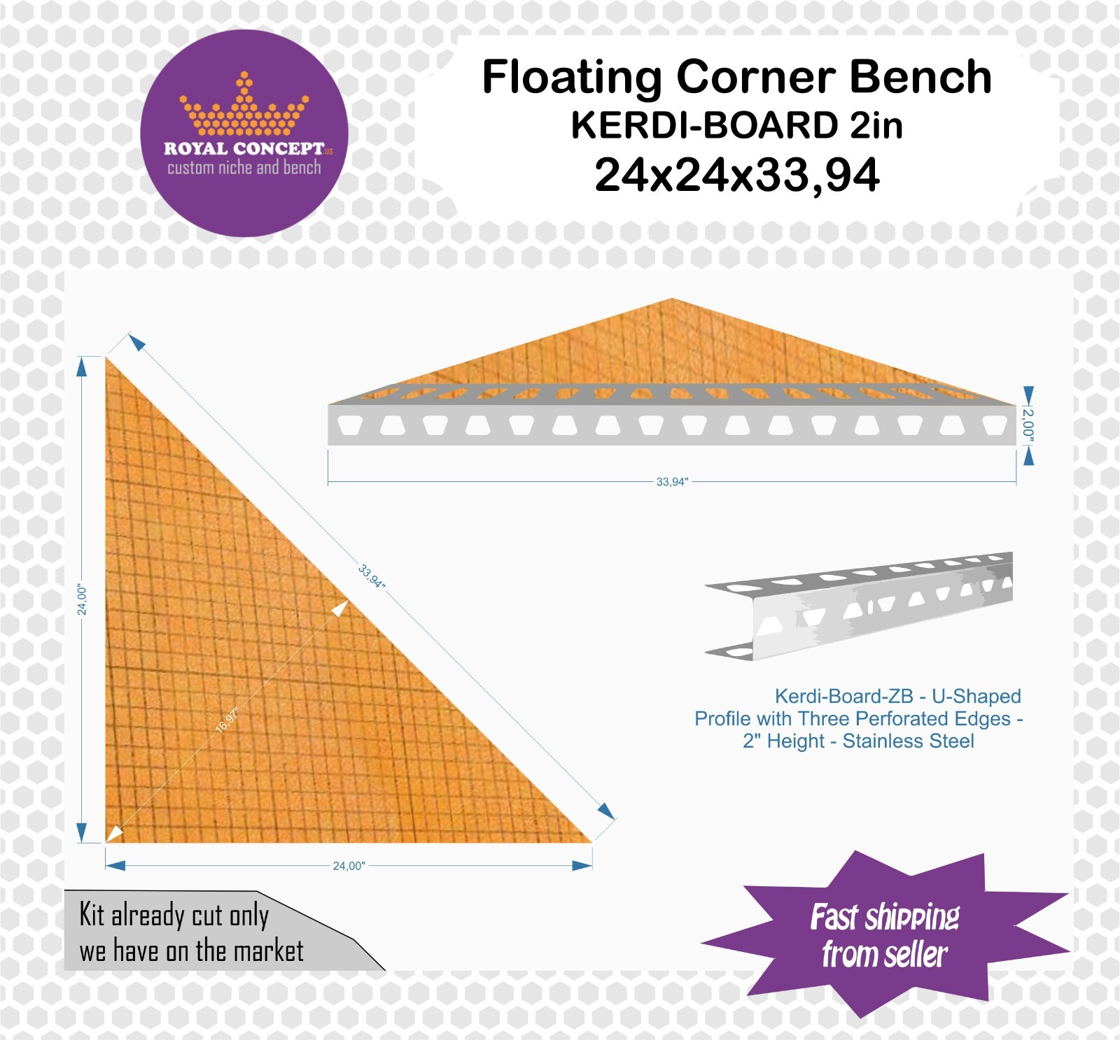 Shower Floating Bench – Schluter Kerdi-Board 2″ with Stainless Steel – Face 34in