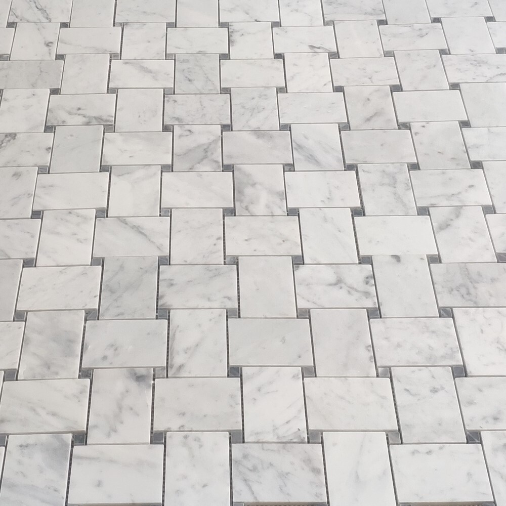 C667XP Carrara White Marble Large Basketweave Tile Bardiglio Gray Dots Polish