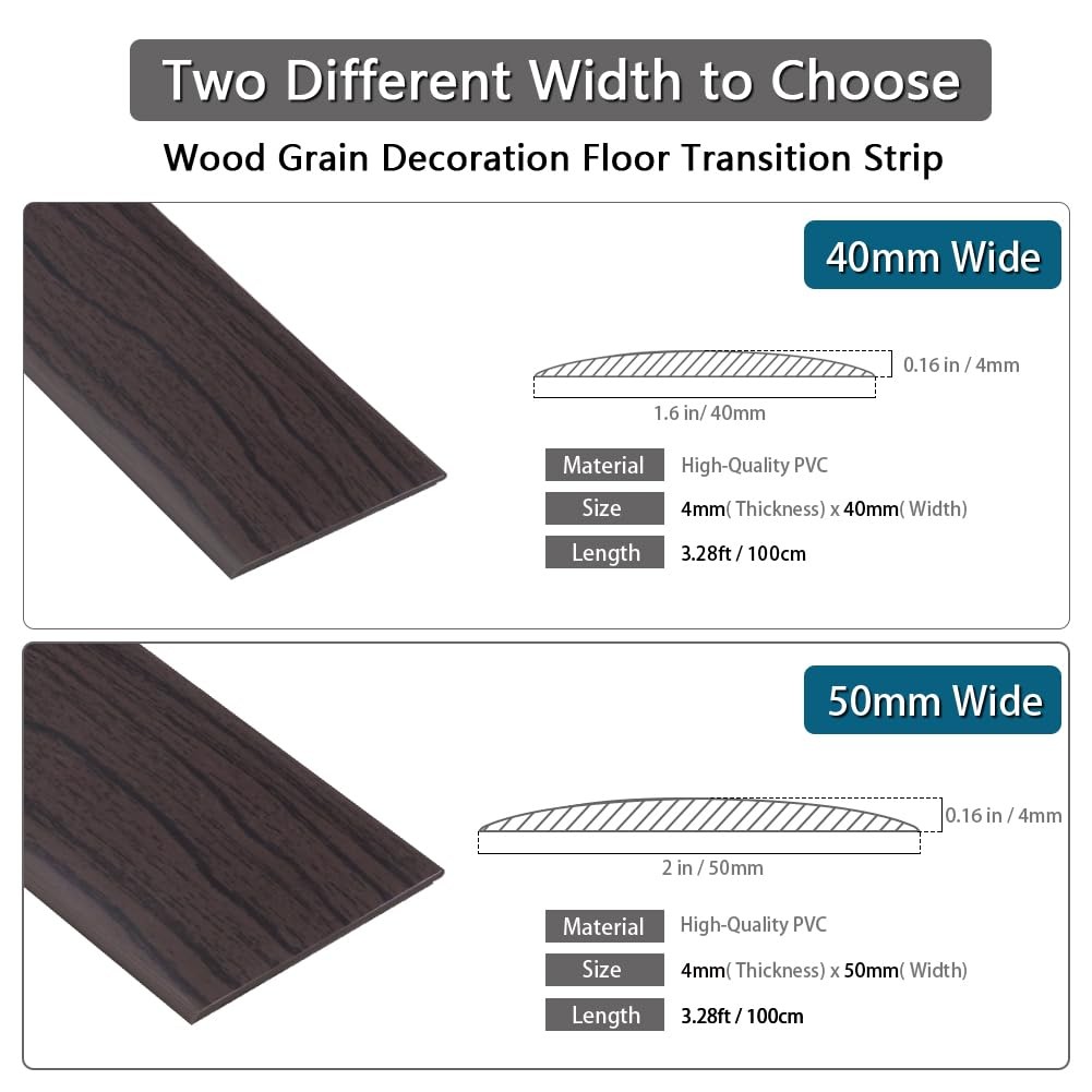 Self Adhesive Flat Vinyl Floor Transition Strip Wood Grain 3.28 FT Dark Walnut