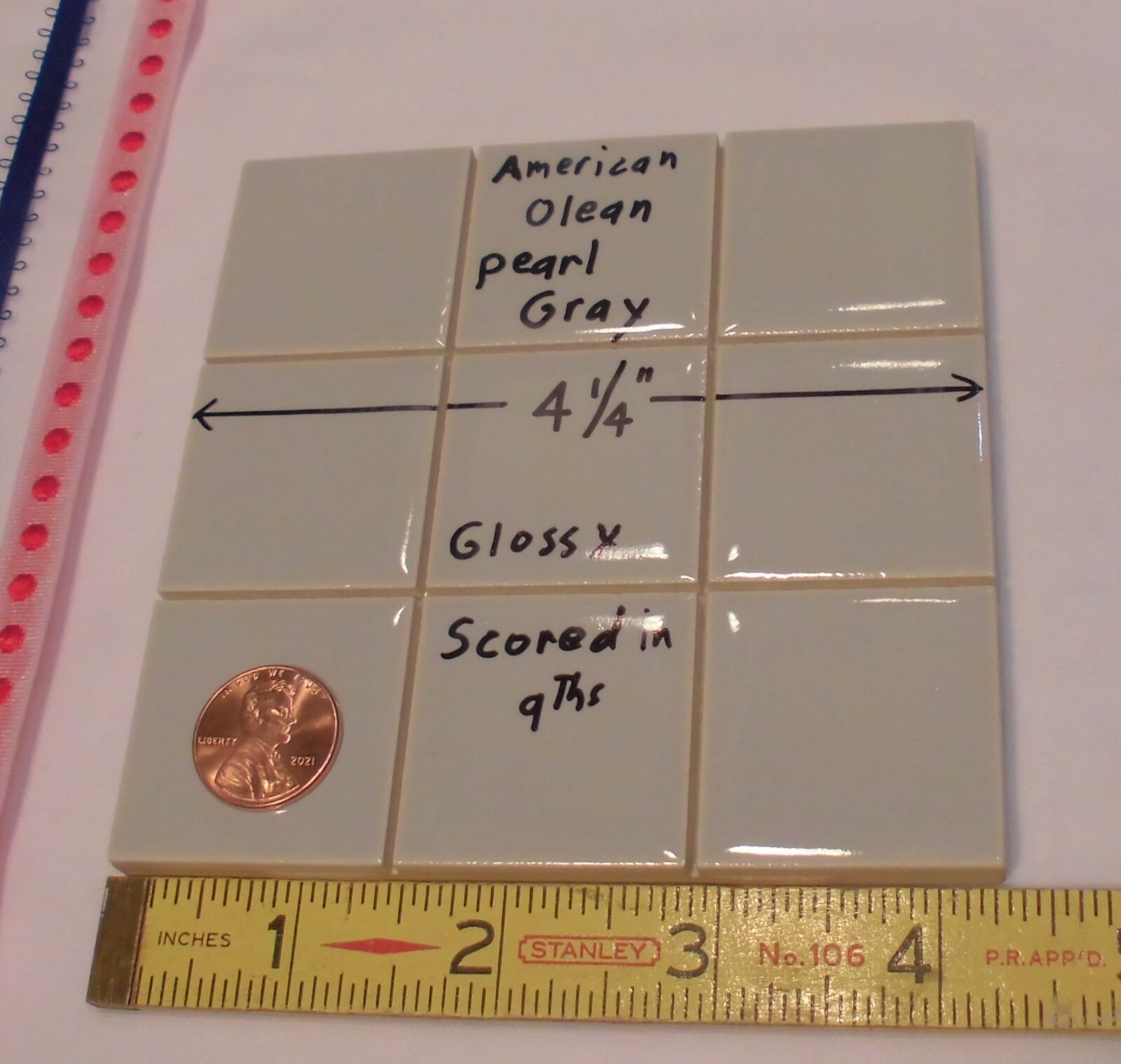 1 pc. *Pearl Gray* 4-1/4″ Scored 9ths Glossy Ceramic Tile by American Olean Co.