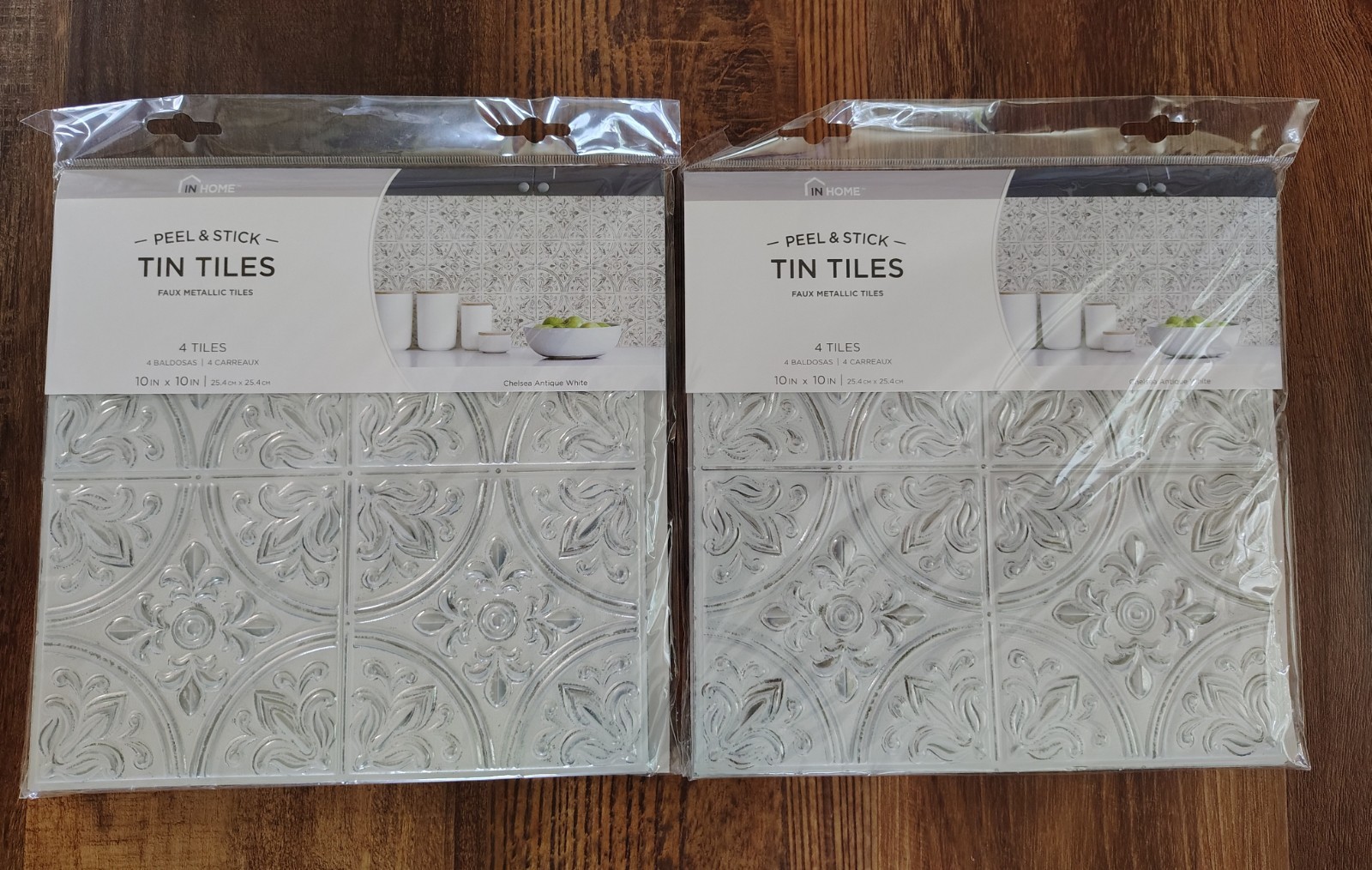 In Home Peel & Stick Tin Tiles Chelsea Antique White 10″ x 10″ 4 Tiles~NEW 2 PK