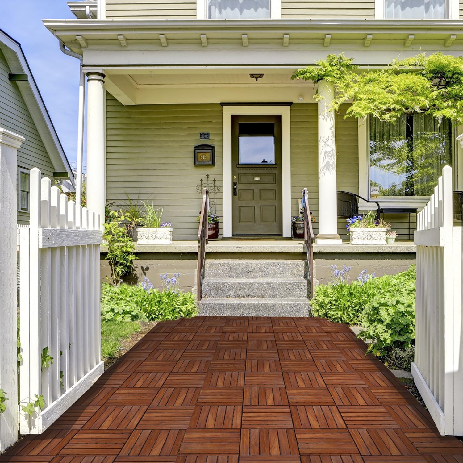 Acacia Wood Patio Flooring Interlocking Tiles Pack of 10, 12″ x 12″, All Weather