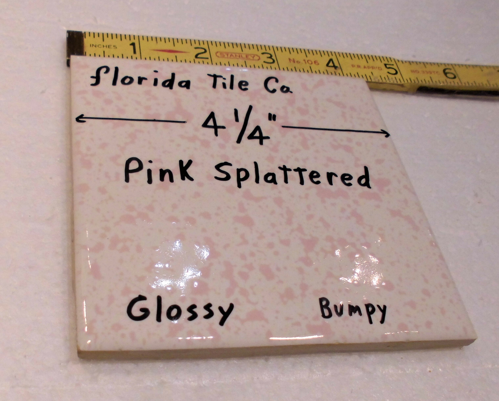 1 pc. “Pink Splattered” 4-1/4″ Glossy Ceramic Tile: Florida Co. Pink on White