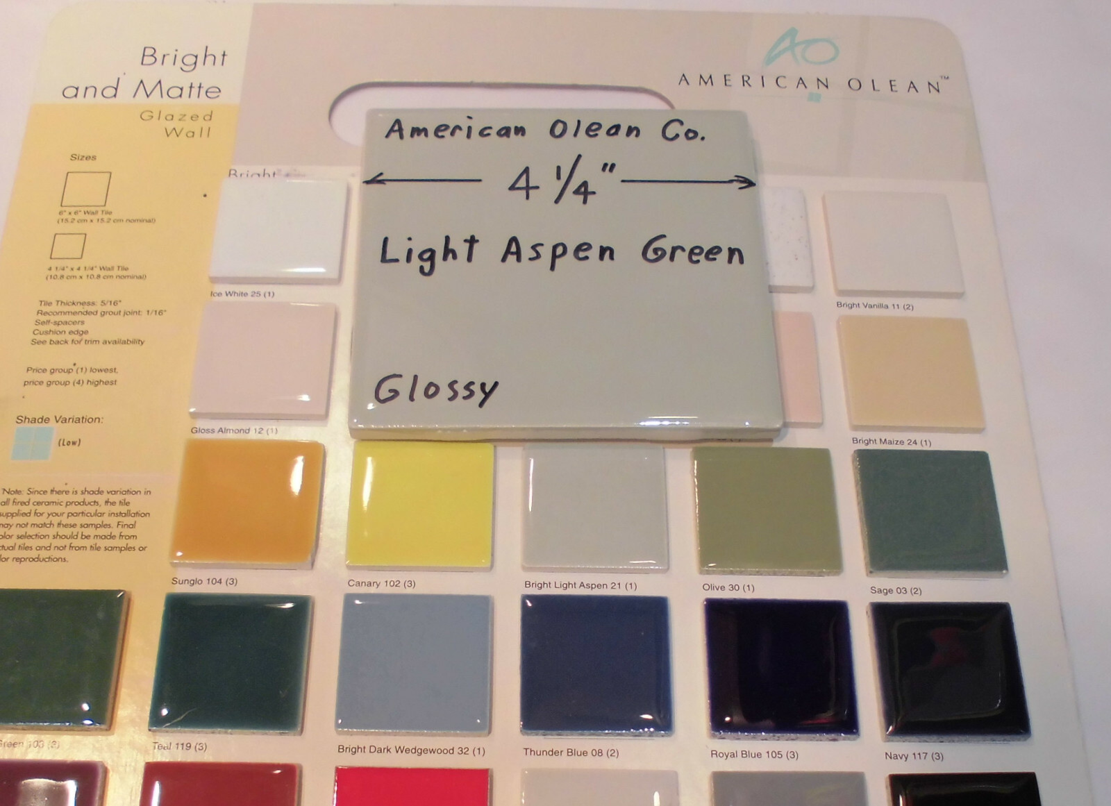 1 pc. Light Aspen-green-gray* Glossy Ceramic Tile #21 by American Olean 4-1/4″