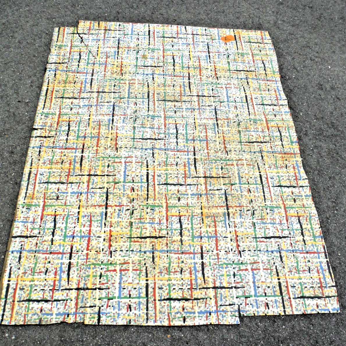 VTG~LINOLEUM FLOORING~L PIECE~45″x 60″~1950-60~MOVIE SET~MCM~GRAY GRID~PRIMARY E