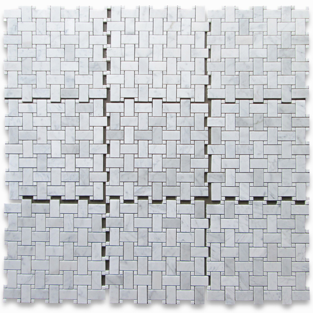 C650XP Carrara White Marble Basketweave Mosaic Tile White Dots Polished 1×2