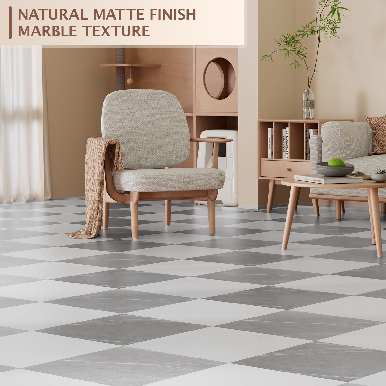 Peel and Stick Floor Tile, 30 PCS 12″ x 12″ Checkered Waterproof Marble Textu…