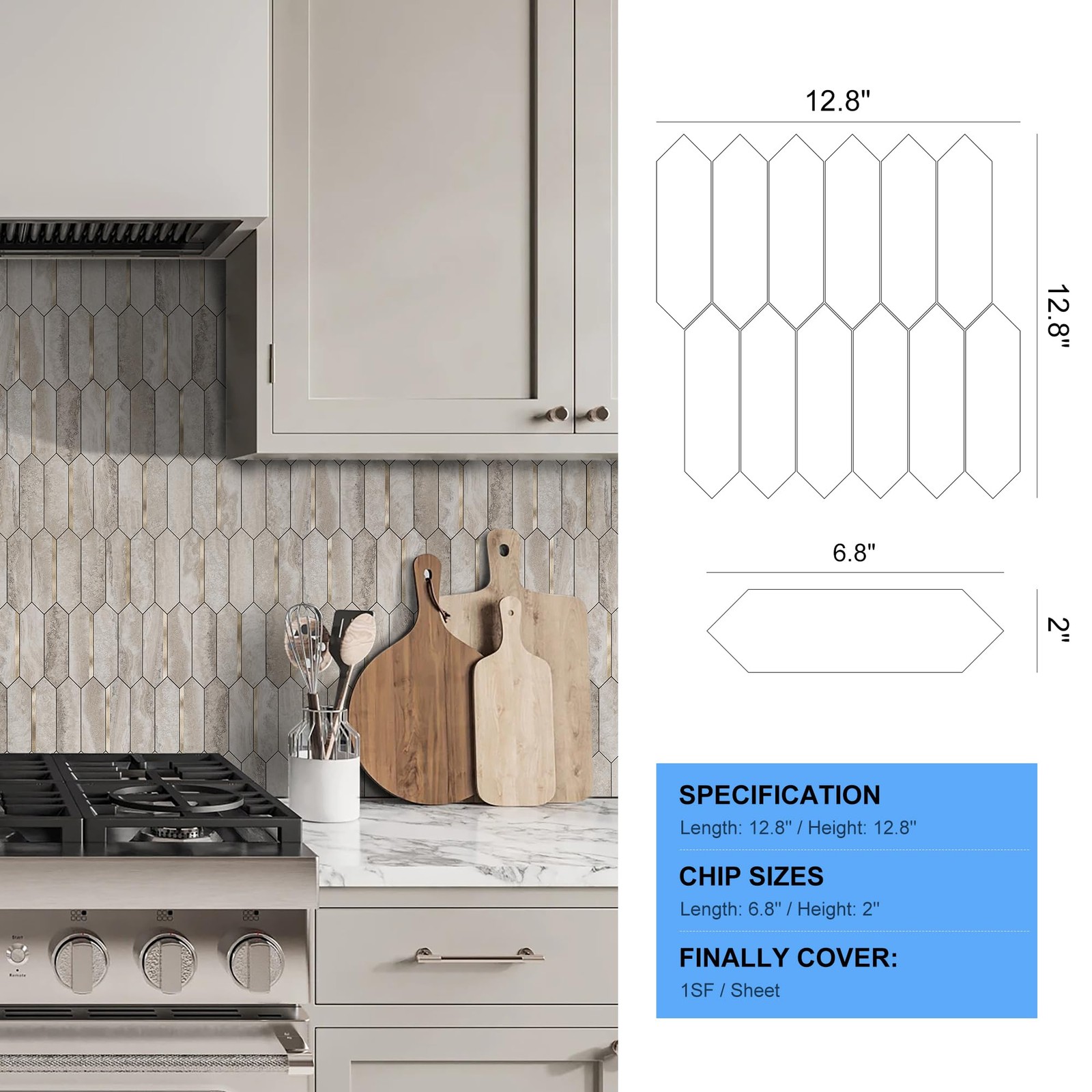 Peel and Stick Backsplash Long Hexagon Wall Tile, 10-Pieces, Beige