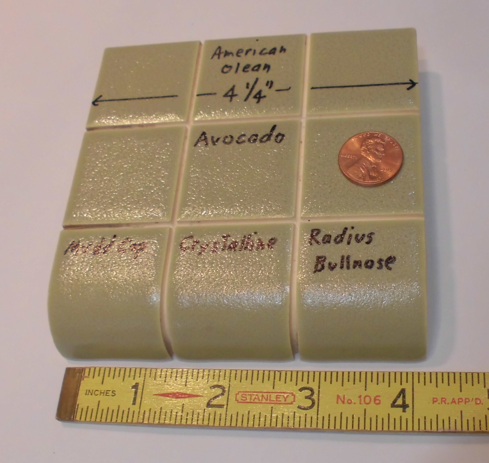 1 pc. Ceramic Radius Bullnose Tile: Avocado Crystalline: American Olean 4-1/4″