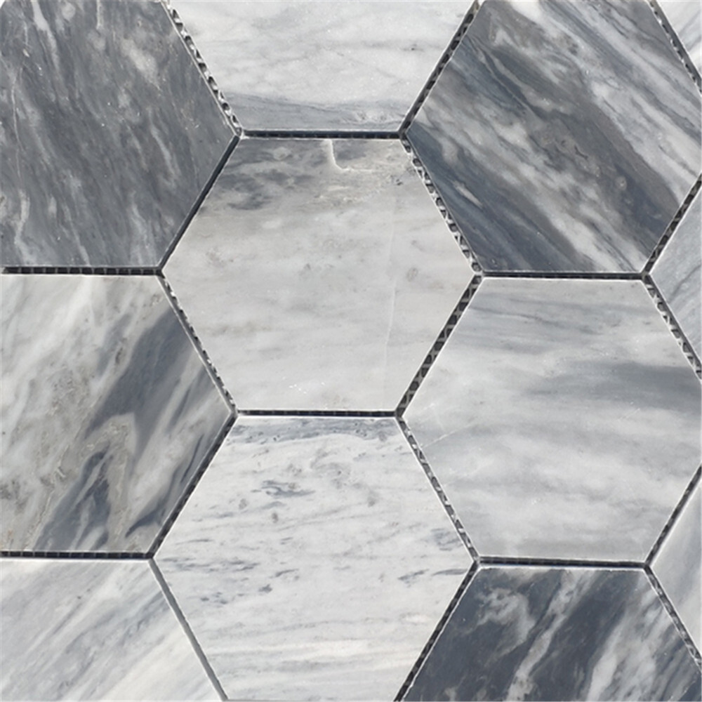 K34XP Bardiglio Gray Dark Grey Marble 4″ Hexagon Mosaic Tile Polished