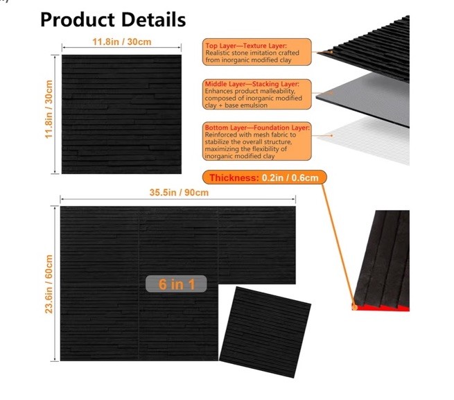 6 Pcs 3D Black Faux Stone Wall Panels, 11.8’‘ x 11.8’’ x 0.2”, Inorganic