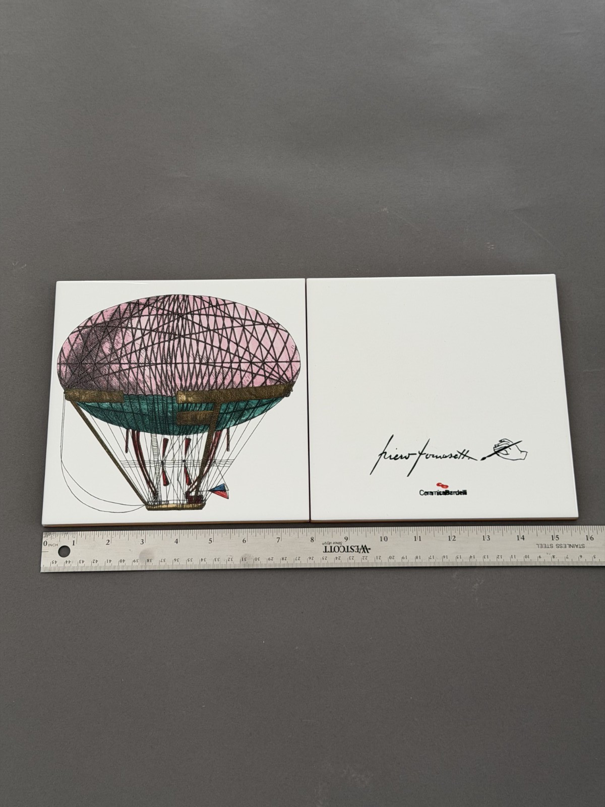 Fornasetti Airship & Signature Tile Pair 8×8 – Ceramica Bardelli Italy