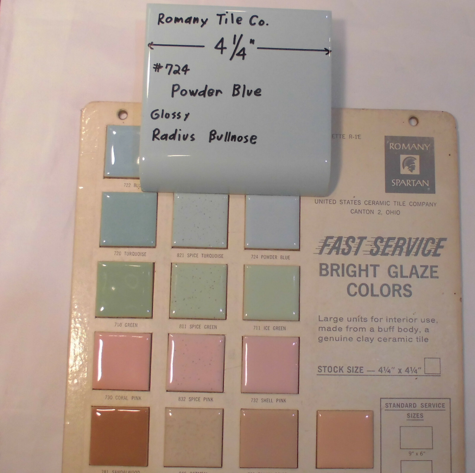 1 pc. Powder Blue: Glossy Radius Bullnose Ceramic Tile 4-1/4″ by Romany Co. NOS