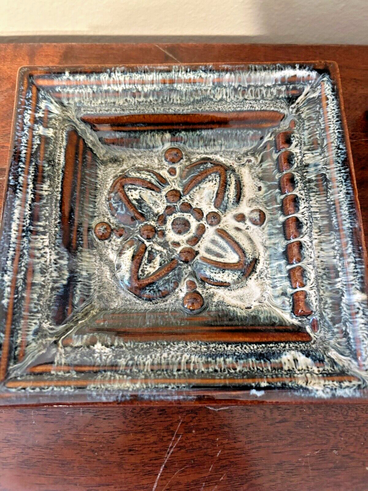 2 Decorative Square Rustic Ceramic Pottery Tiles Wall Hangers 6.5 x 6.5 in