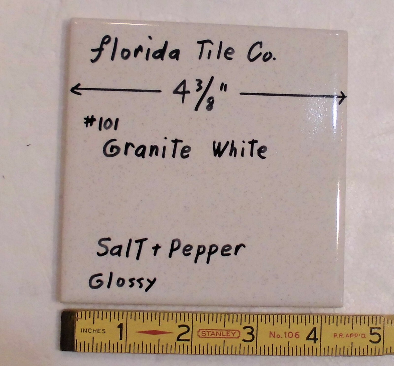 1 pc. Salt + Pepper / Granite White: 4-3/8″ Glossy Ceramic Tile by Florida Co.
