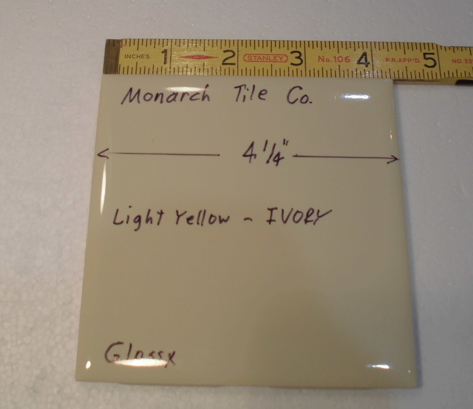 1 pc. Light Yellow – Ivory: 4-1/4″ Glossy Ceramic Tile by Monarch Tile Co. USA
