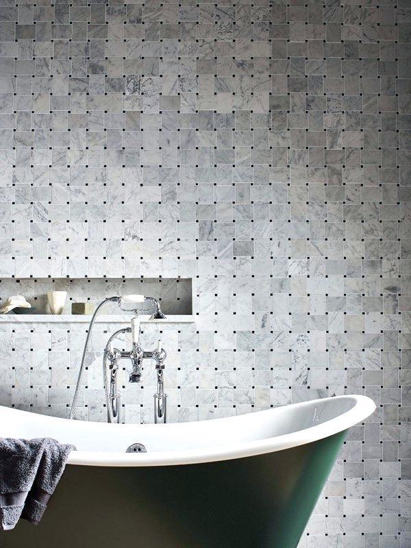 C661XH Wide Big Basketweave Carrara White Marble Mosaic Tile Honed Black Dots