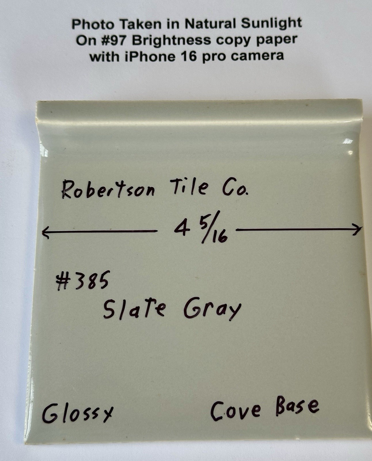 1 pc. Slate Gray: 4-5/16″ Glossy Ceramic Cove-Base Tile by Robertson Co. #385