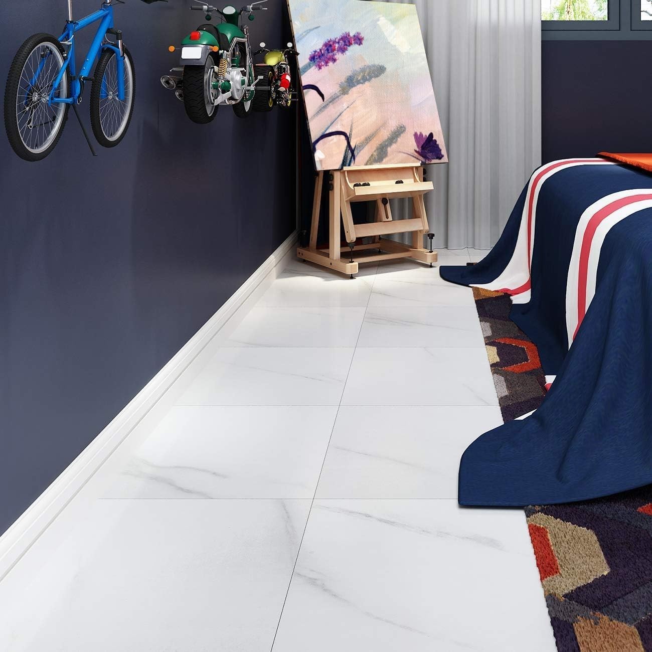 Durable White Marble Peel and Stick Vinyl Floor Tiles – 12×12 Inches, 4-Pack