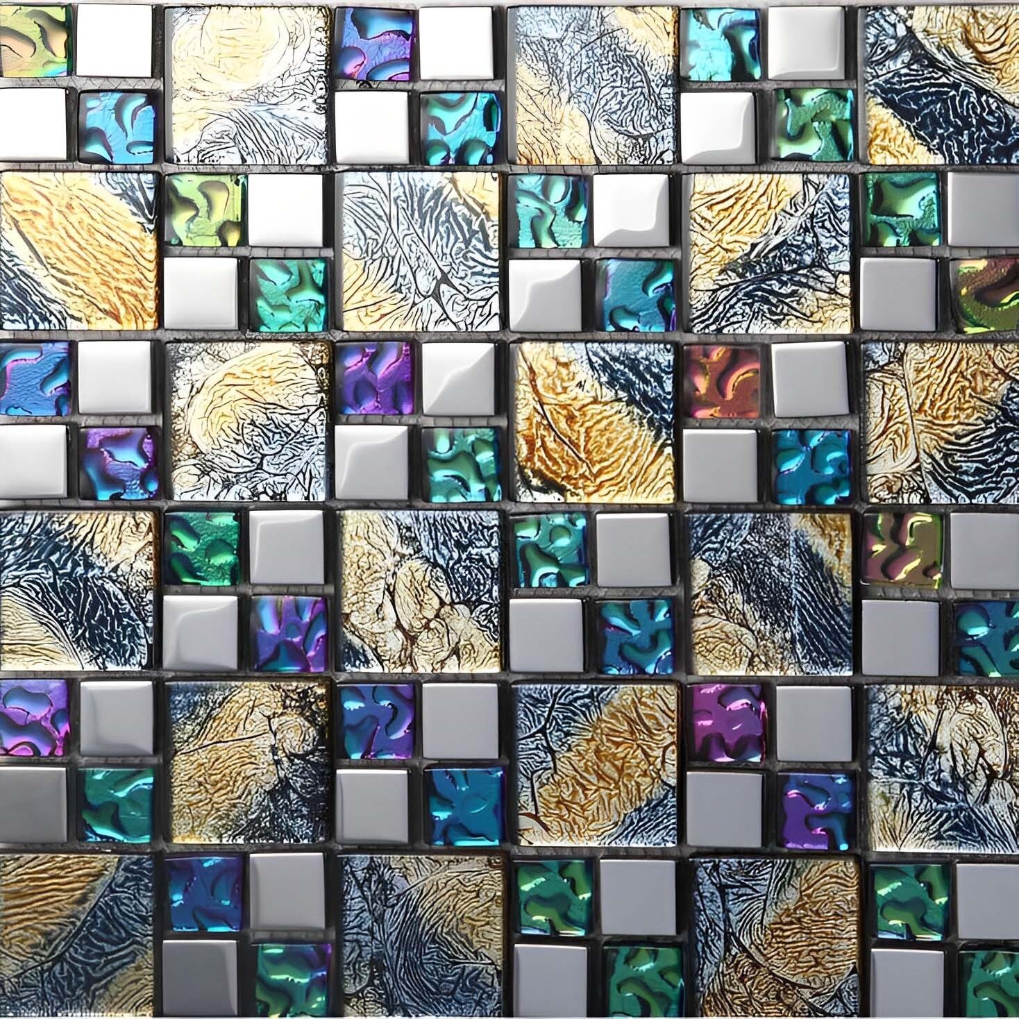 Glossy Glass Tile Multicolor Mosaic Versaille Pattern Backsplash & Wall Tile