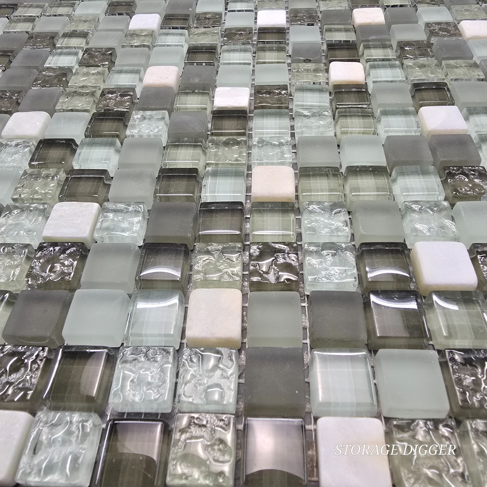 Light Green Mix Glossy Glass Mosaic Tile 1″x1″ Stacked Mesh Mounted Set of 7