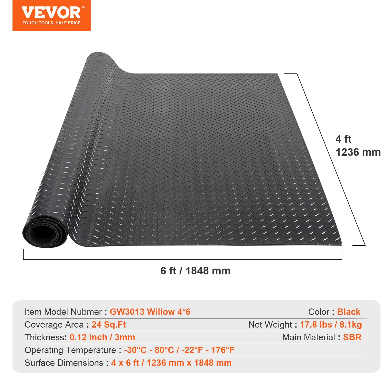 VEVOR Diamond-Plate Rubber Flooring Roll 3mm x 4ft x 6ft Garage Floor Mat SBR