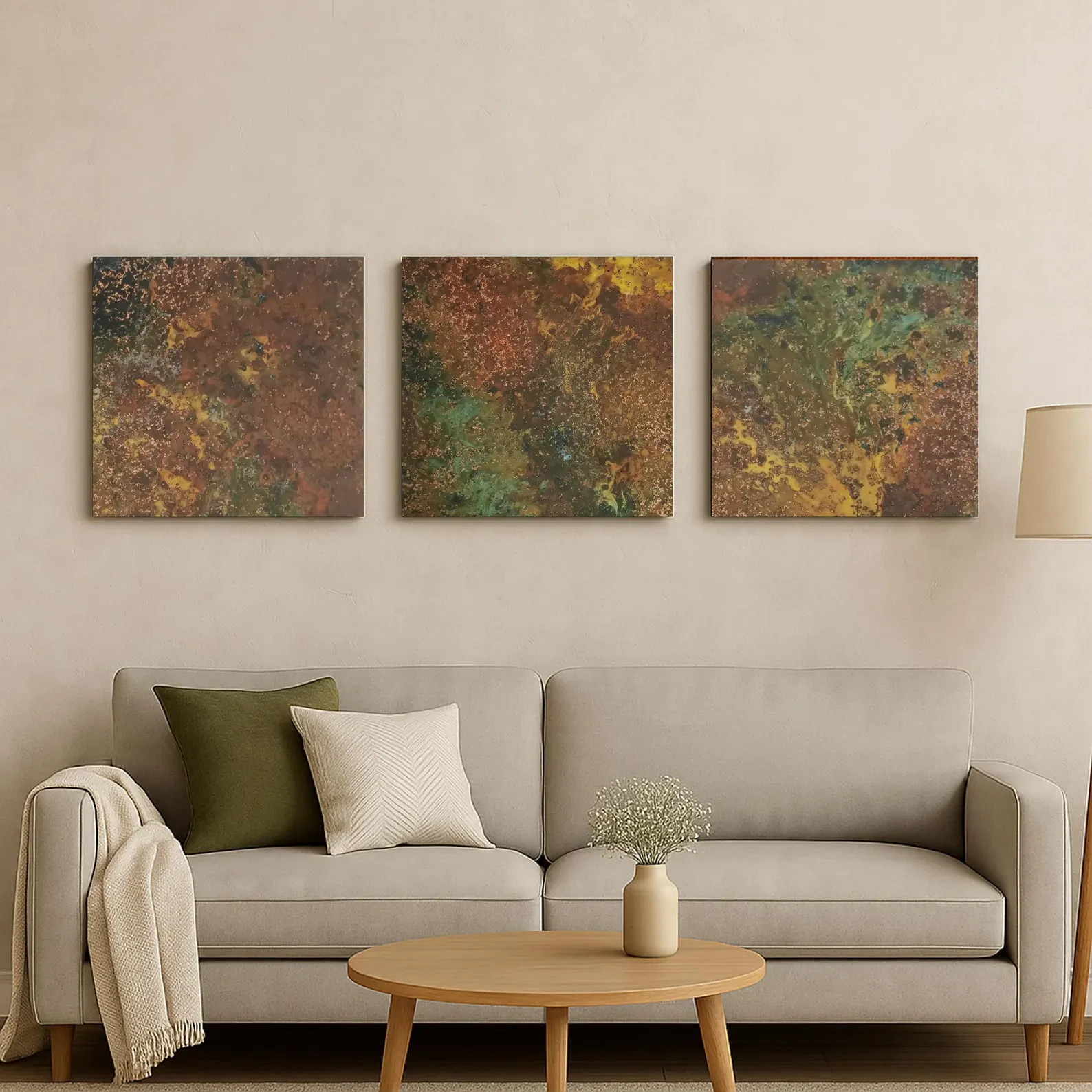 Real Copper Wall Art – 3 Panel Metal Artwork – Handcrafted Patina Decor