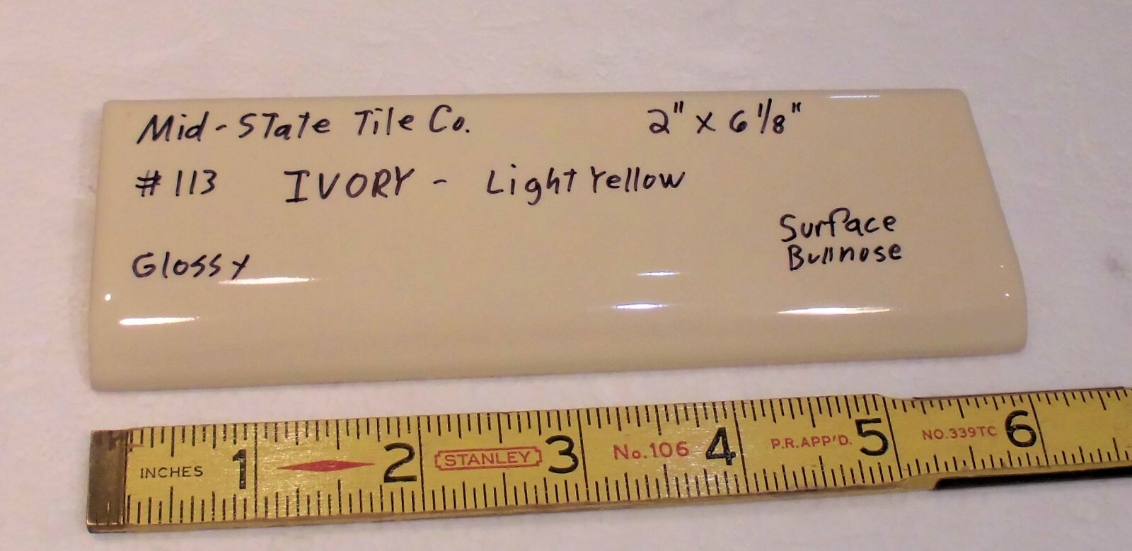 1 pc. Glossy *Ivory* 2” X 6” Bullnose Surface Flat Ceramic Tile, Light Yellow