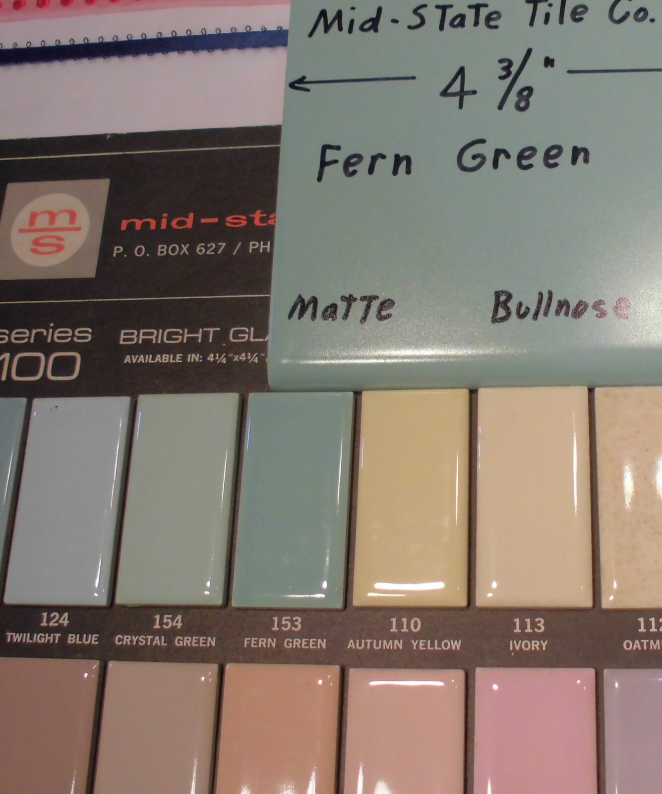 1 pc. Fern Green; Matte Bullnose Ceramic Tile 4-3/8″ by Mid-State Co. NOS