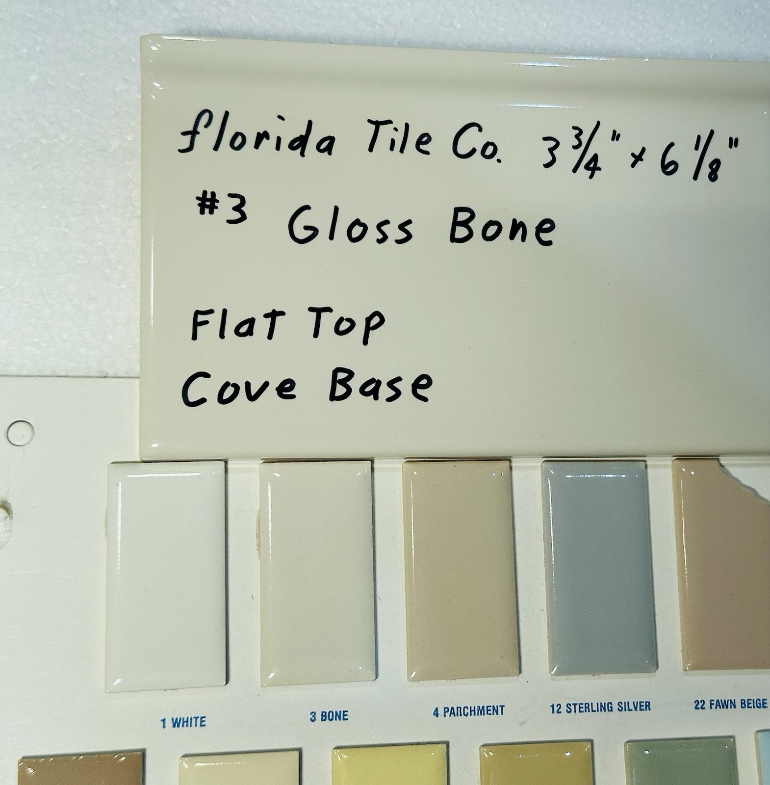 1 pc. Gloss Bone: 3-3/4″ X 6-1/8″ Ceramic Cove Base Tile, florida Co. Flat Top