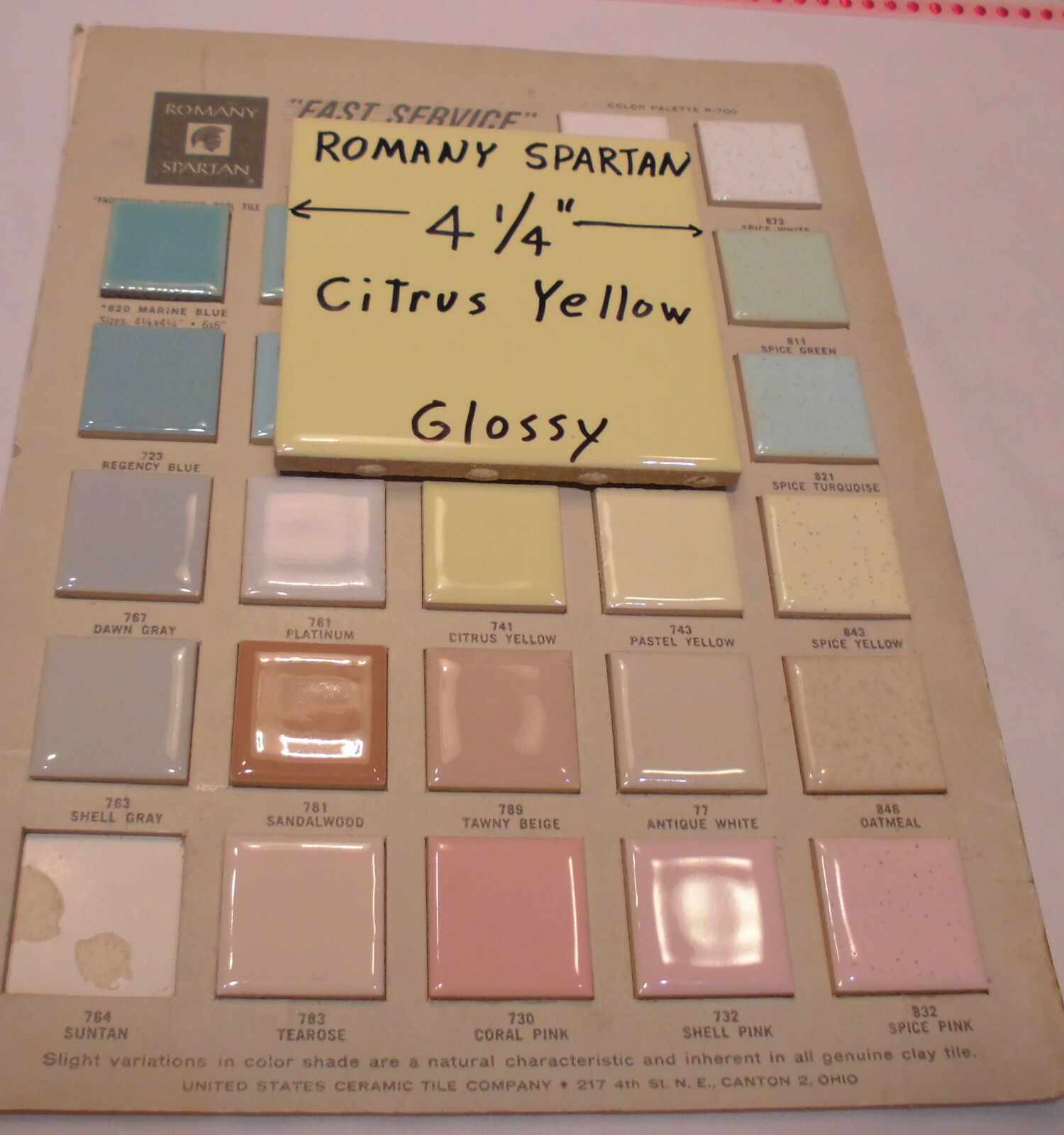 1pc. *Citrus Yellow * 4-1/4″ Glossy Ceramic Tile by Romany Co. Made 1940’s -50’s