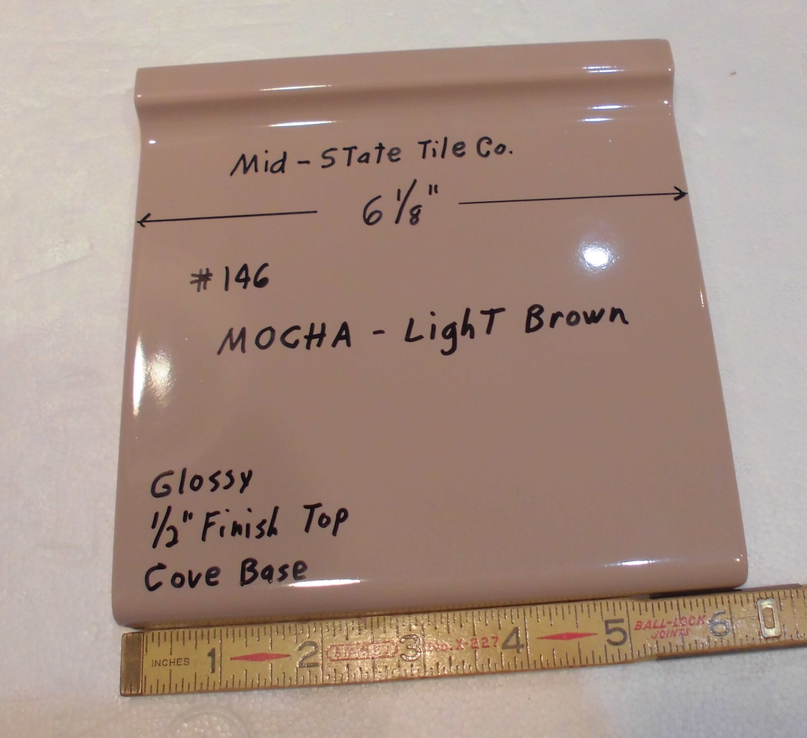 1 pc. Vintage Glossy *Mocha- Brown* 6” X 6” Ceramic Cove Base Tile by MID-STATE