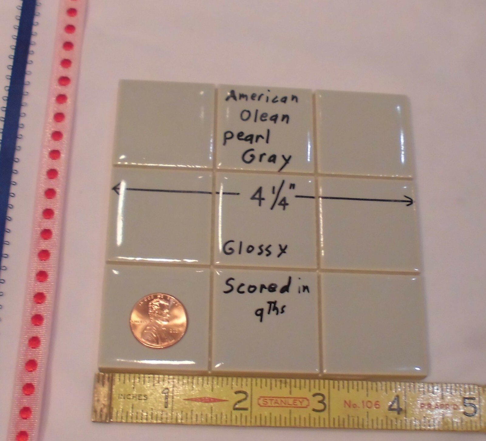 1 pc. *Pearl Gray* 4-1/4″ Scored 9ths Glossy Ceramic Tile by American Olean Co.
