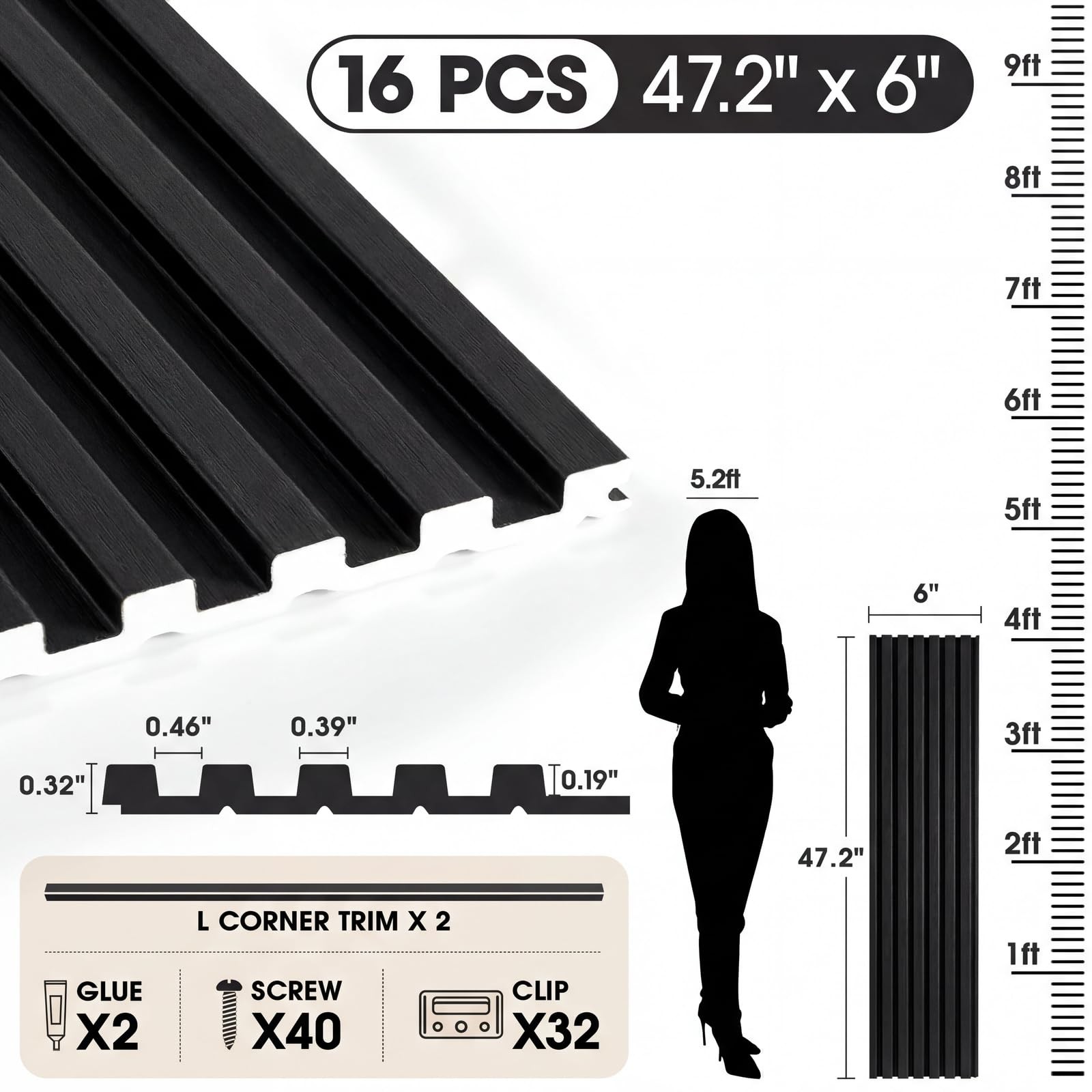WPC Acoustic Slat Wall Panels 16-Pack 47.2” x 6”, Accent 3D Wall Panel for …