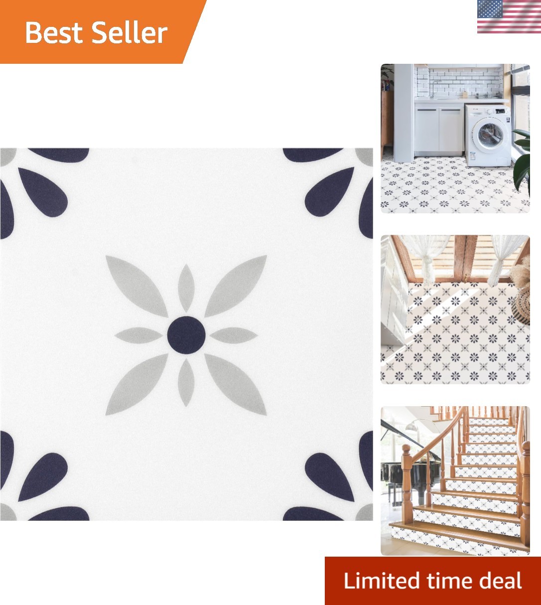 DIY Waterproof Peel & Stick Floor Stickers – Floral Art Deco, 10 Pack 8×8 Inches