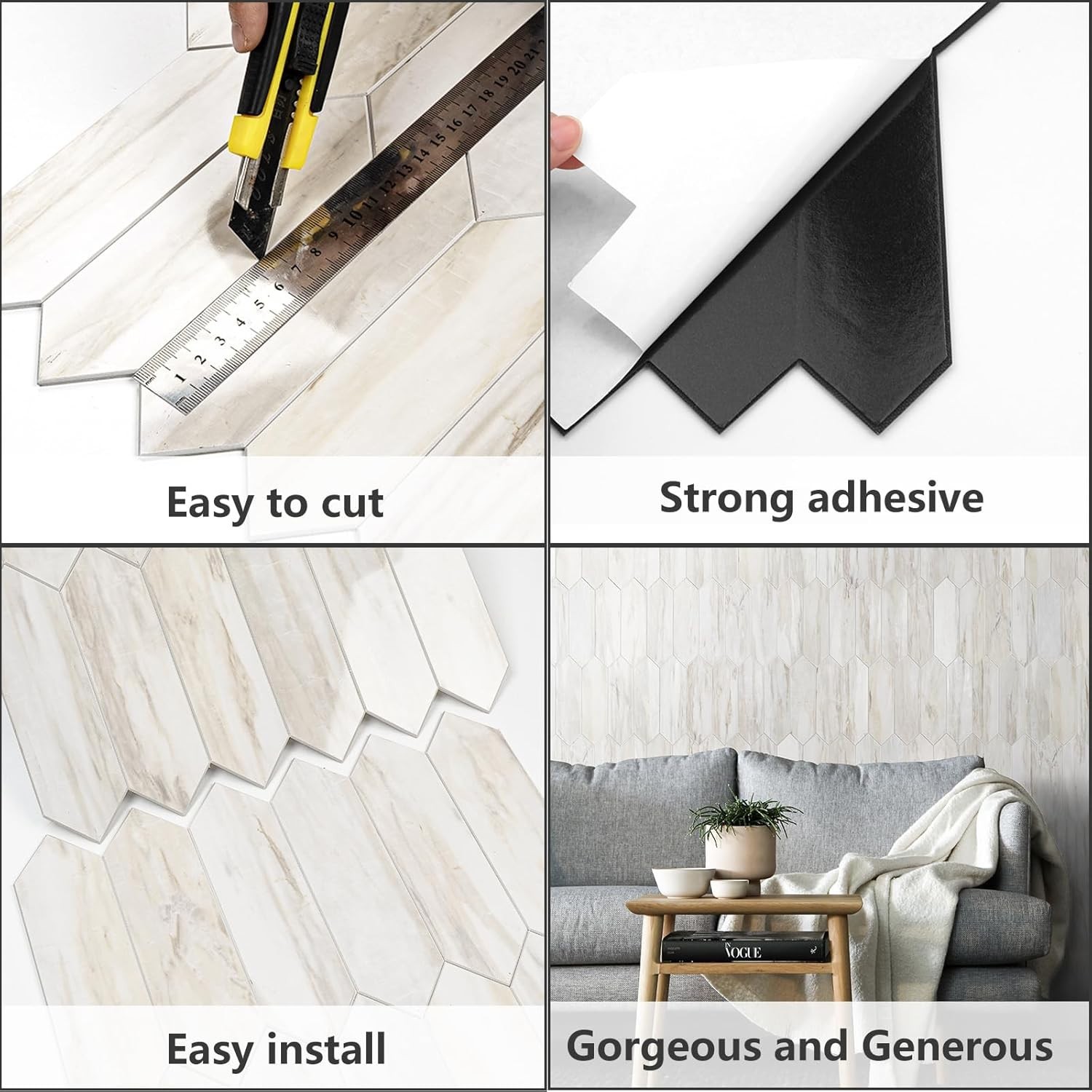 1 Sheet Glossy Wood Marble Grain Backsplash Tile Peel and Stick, 12.8 x 12.8 …