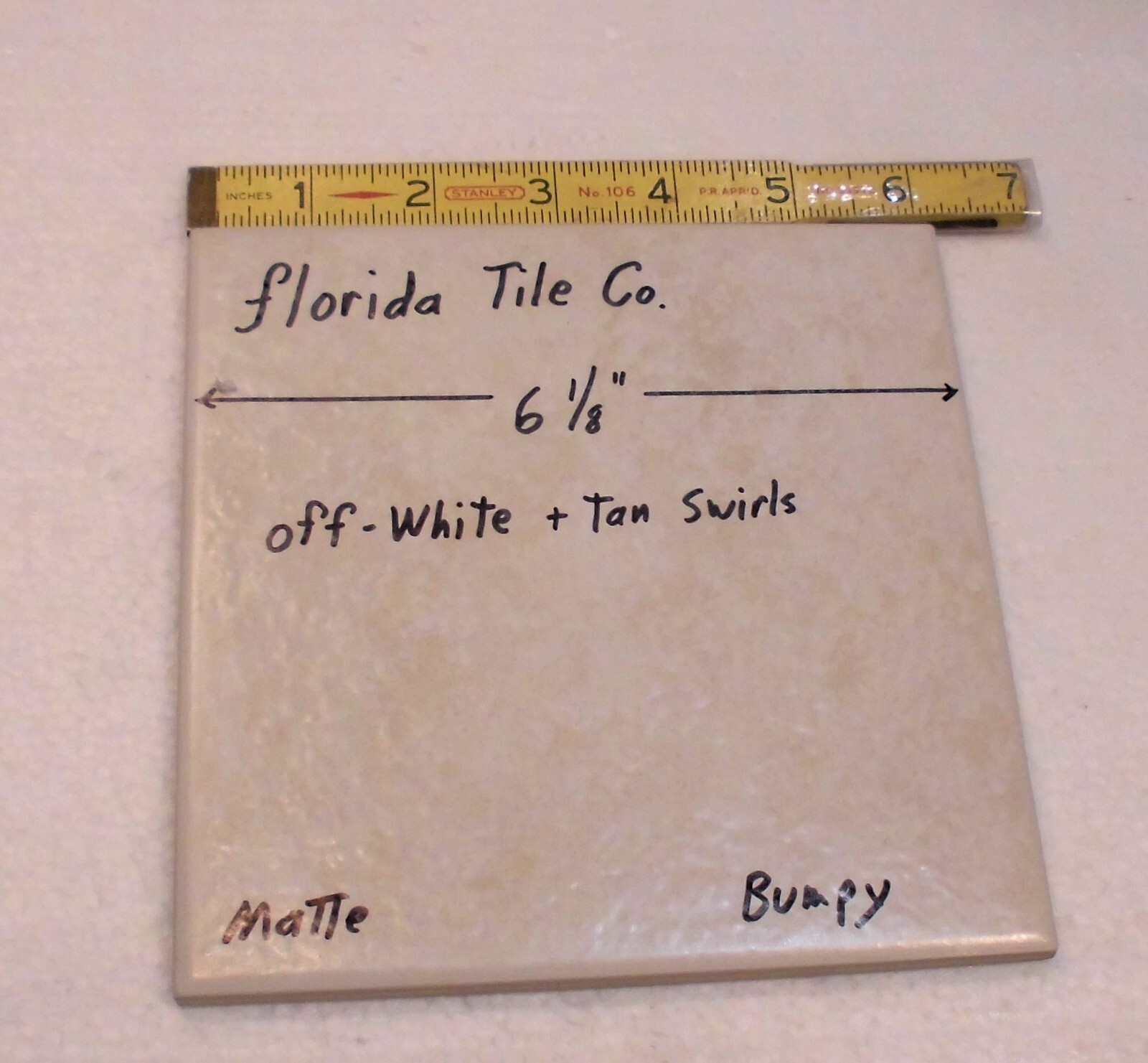 1 pc. Off-White +Tan Swirls: 6-1/8″ Square; Matte Ceramic Tile, by Florida, NOS