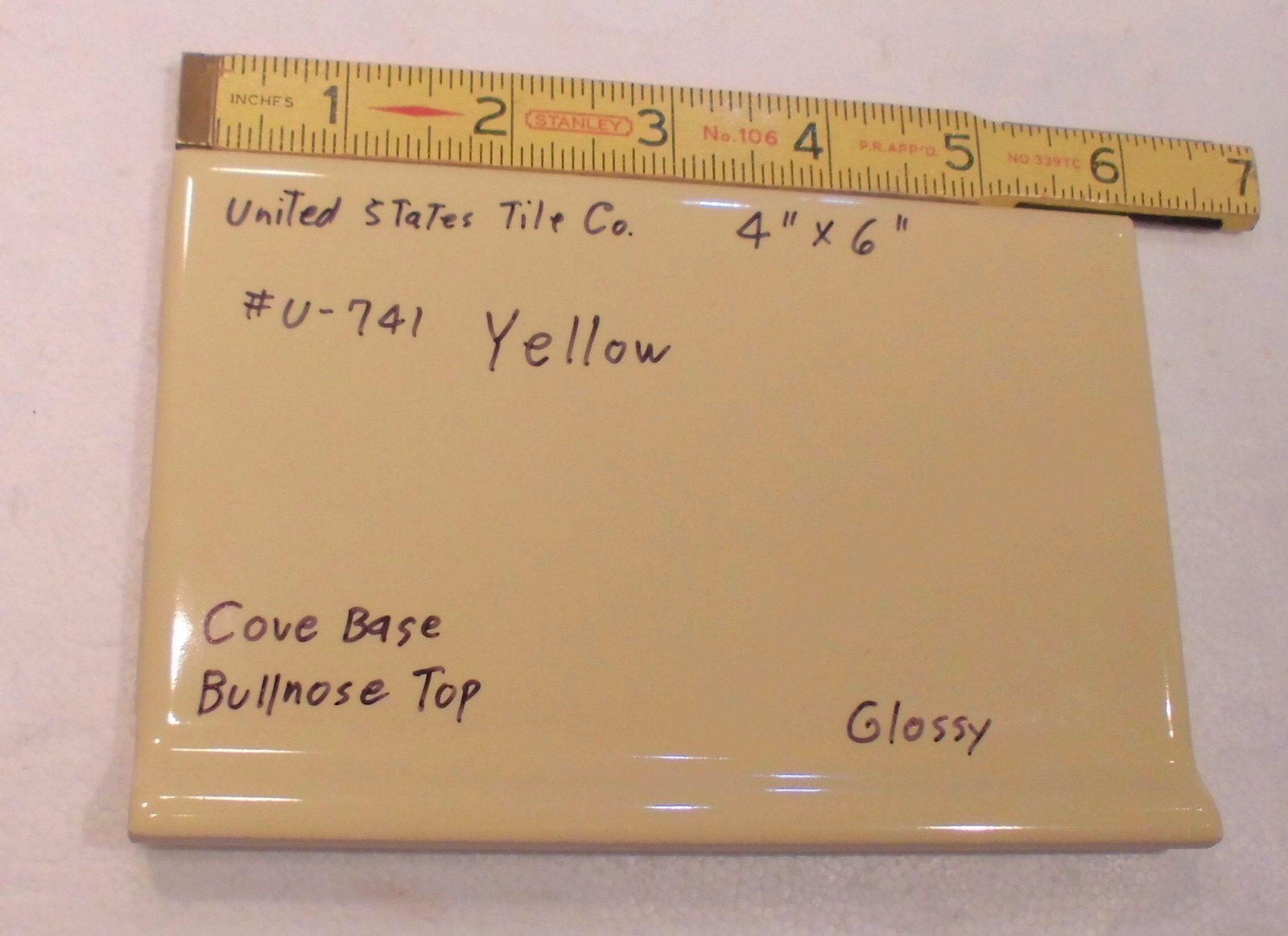 1 pc. Bright Yellow: Cove Base Ceramic Tile: Bullnose Top, Glossy 4″ X 6″ NEW