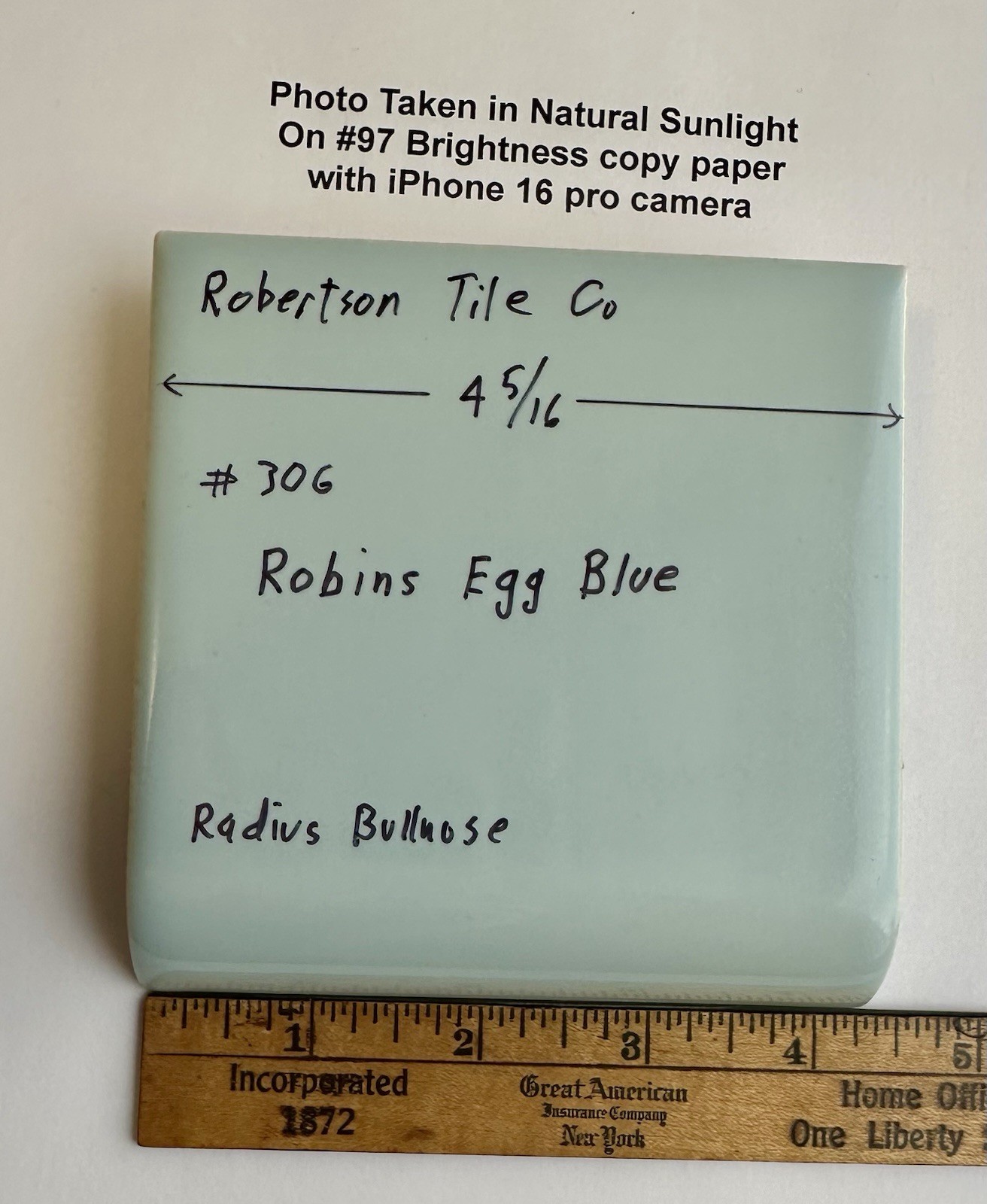 1 pc. Robin’s Egg Blue: 4-5/16″ Gloss Ceramic Radius Bullnose Tile by Robertson