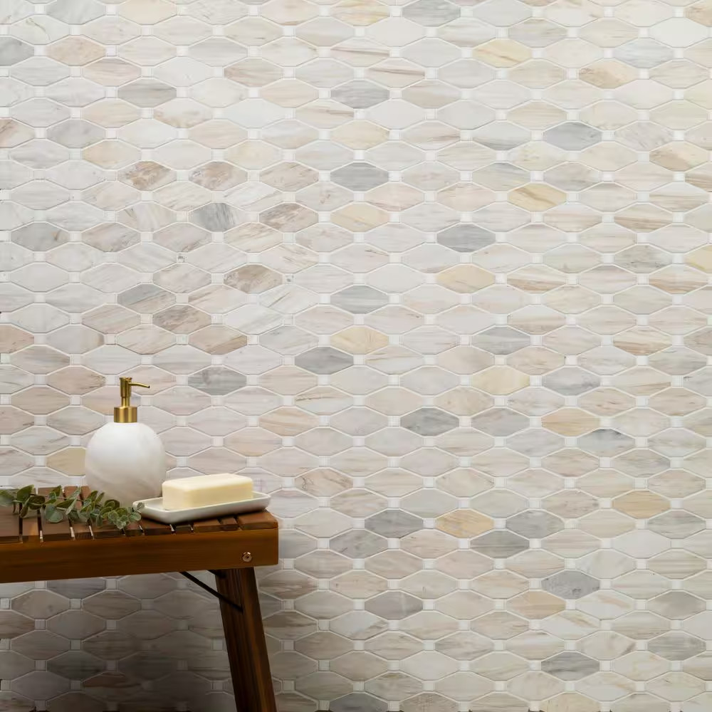 Angora Elongated Octagon 12 In. X 13 In. X 0.38 In. Polished Marble Mesh-Mounted