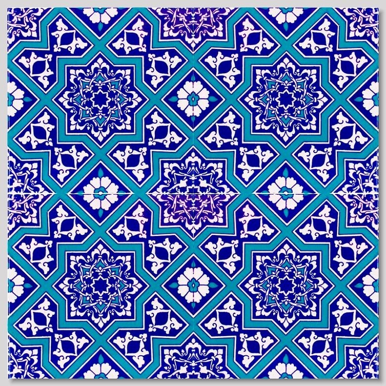 16″X16″ (40cm x 40cm) Turkish Iznik Blue Floral & Geometric Pattern Ceramic Tile