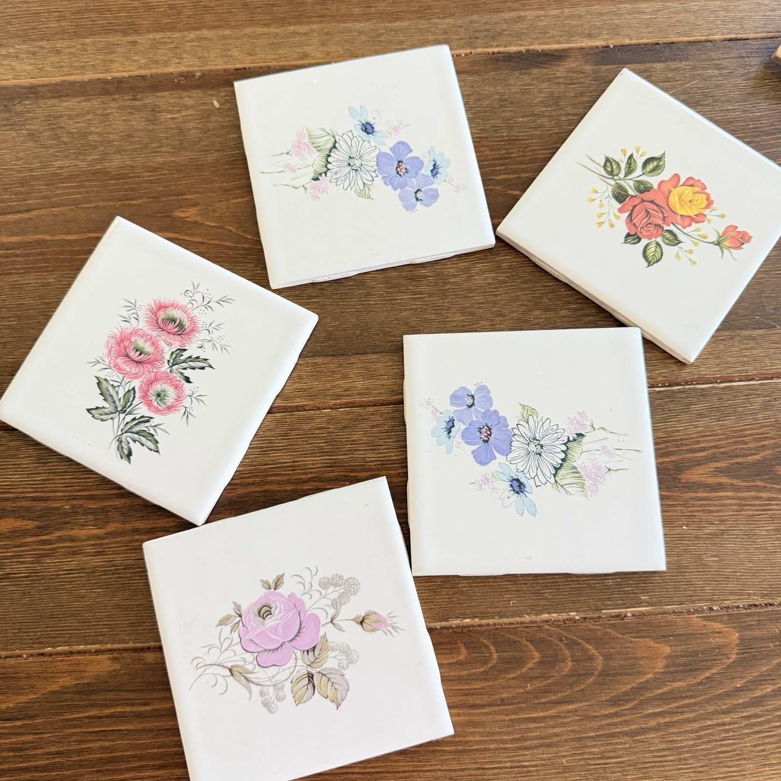 Vintage Ceramic Tiles Florals 4.5 “X 4.5” Made In Canada Set Of 5
