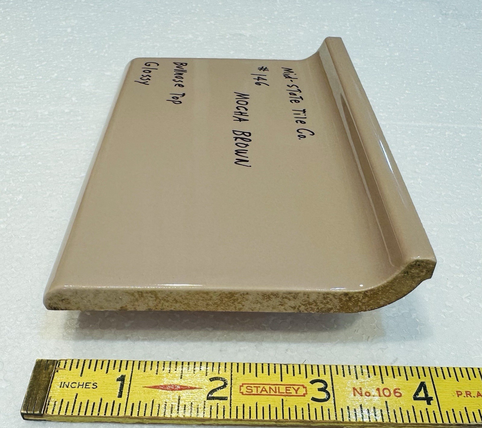 1 pc. Mocha/Brown Cove-Base Ceramic Tile 4″ X 6″ Mid-State, Glossy, Bullnose Top