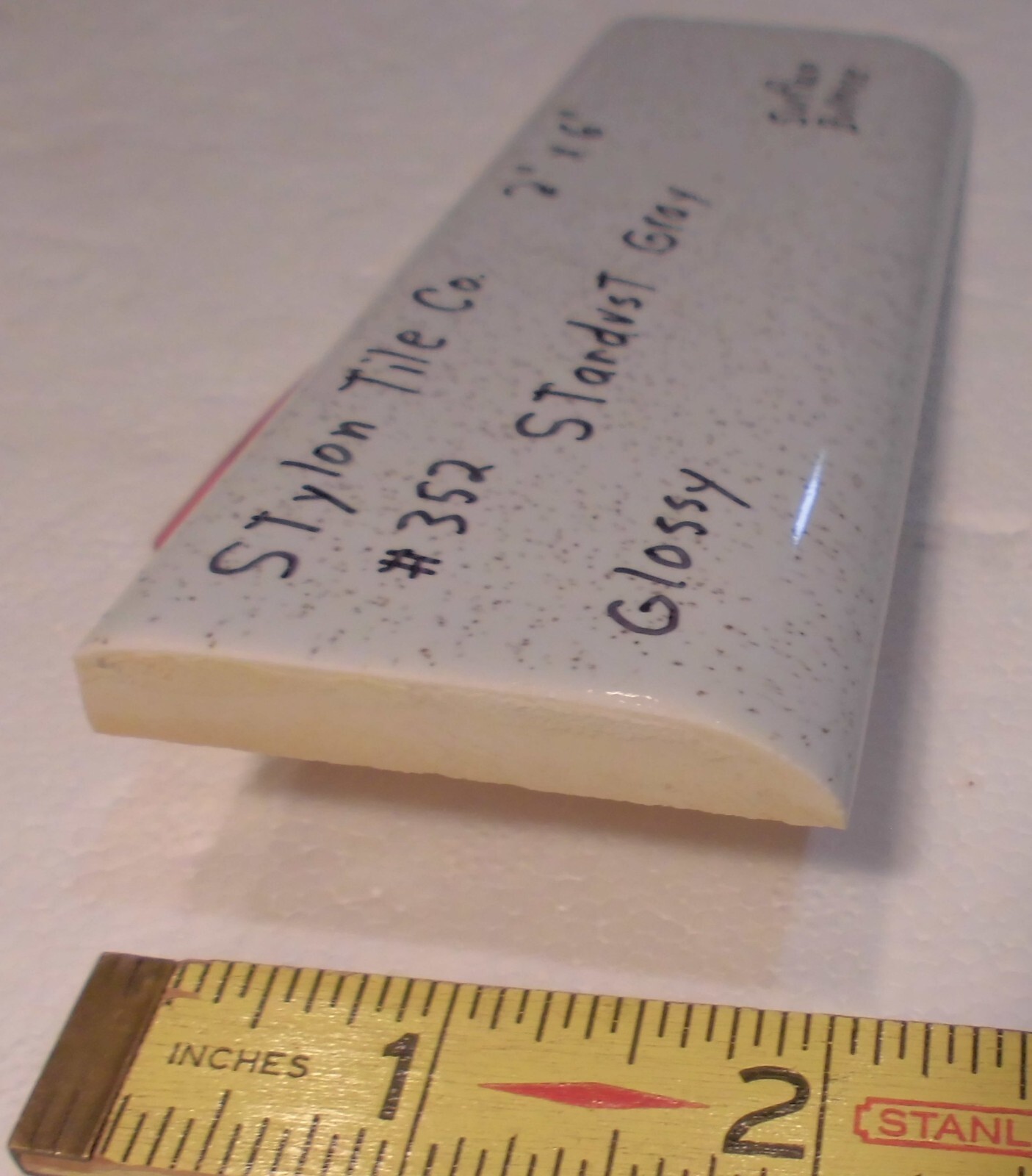 1 pc. Stardust Gray: 2” X 6” Speckled Glossy Bullnose Ceramic Tile, Stylon, Used